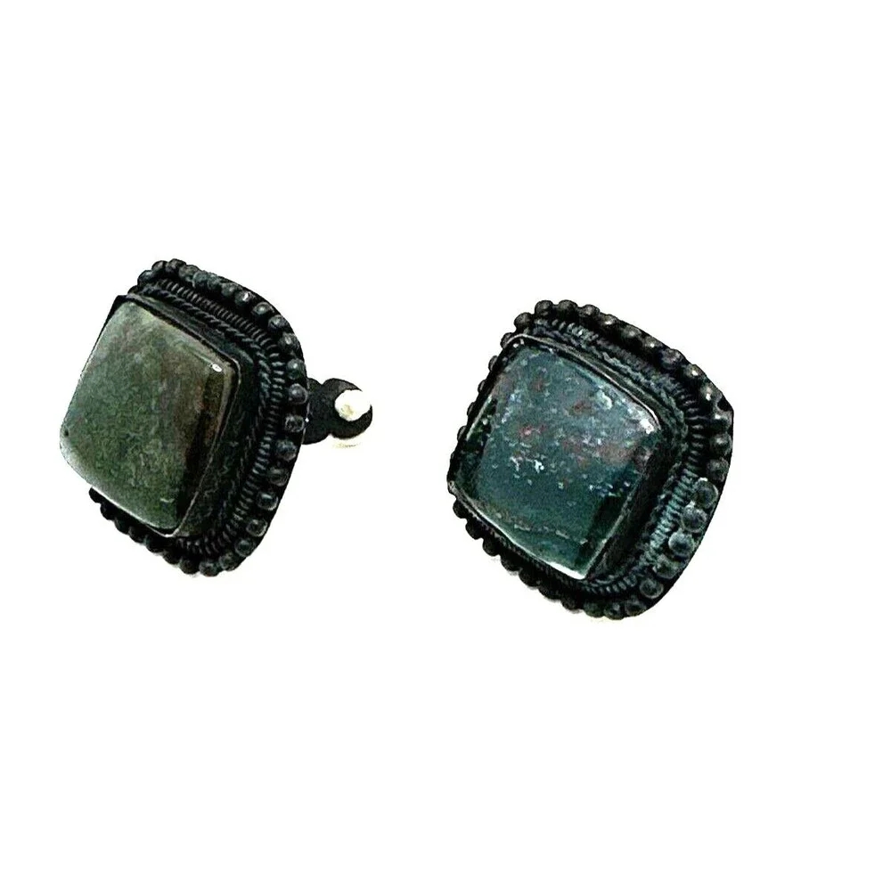 Vintage Bijoux Terner Moss Agate Earrings Dark Blue Green Stone Clip On 1 1/4